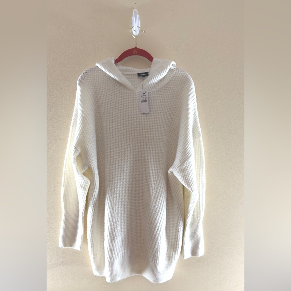 NWT Express White Waffle‎ Knit Oversized Hoodie Sweater M